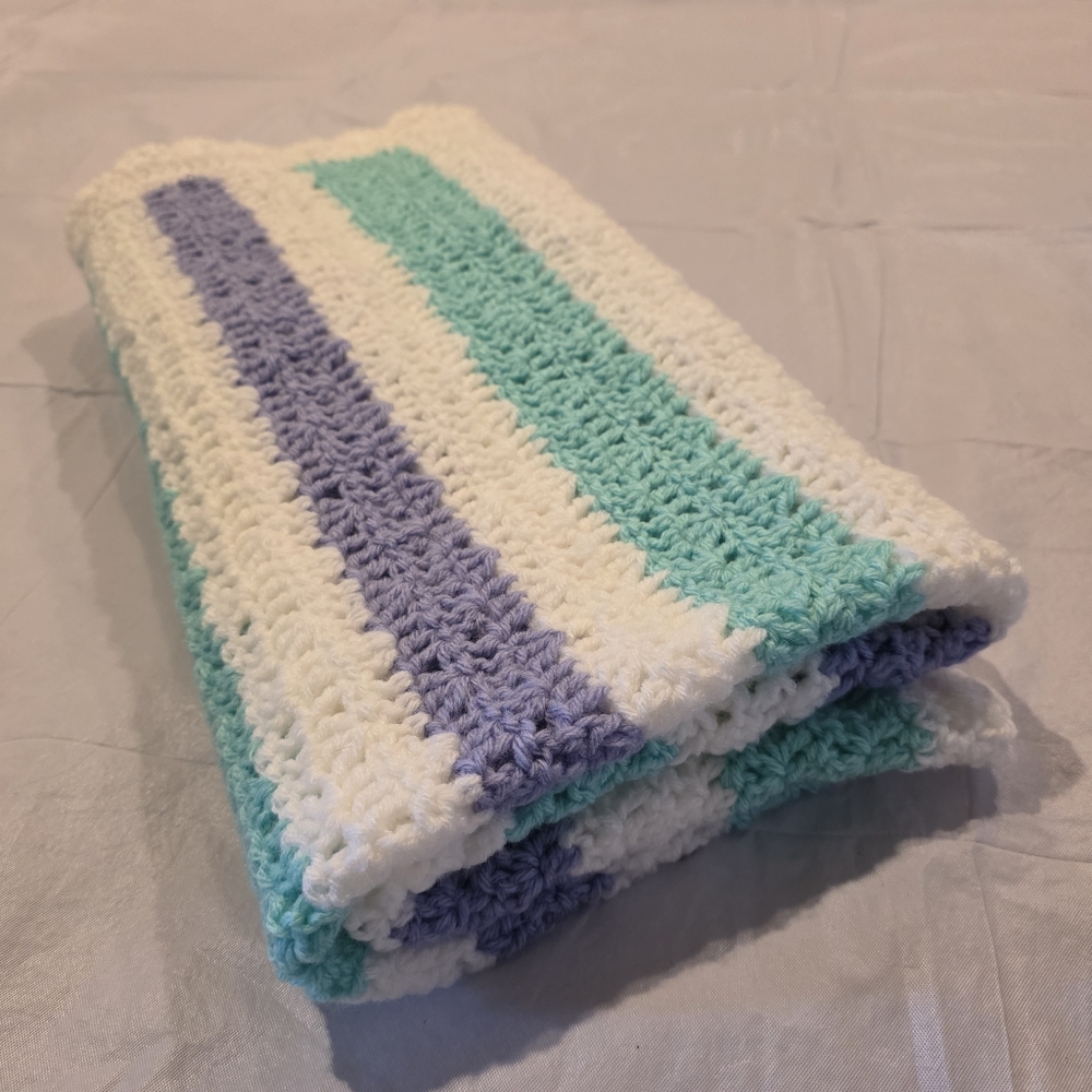 Striped Handmade Crochet Baby Blanket in‎ Teal, Purple, and White